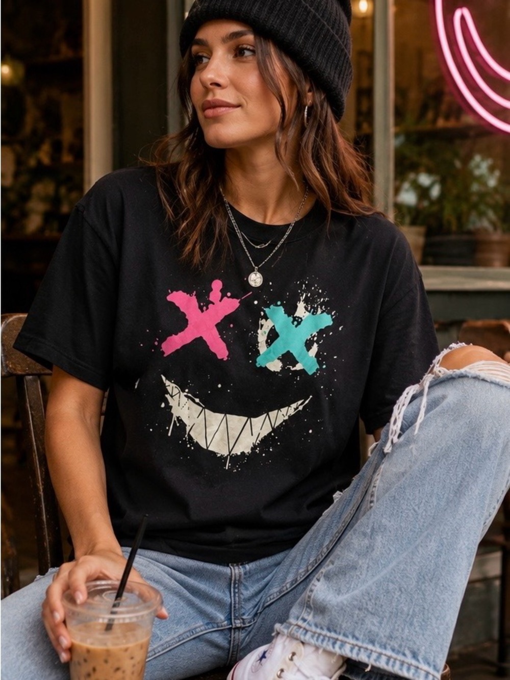 X Eyes Smiley Face Graphic T-Shirt Streetwear Y2K Emo Grunge - Picture 1 of 2